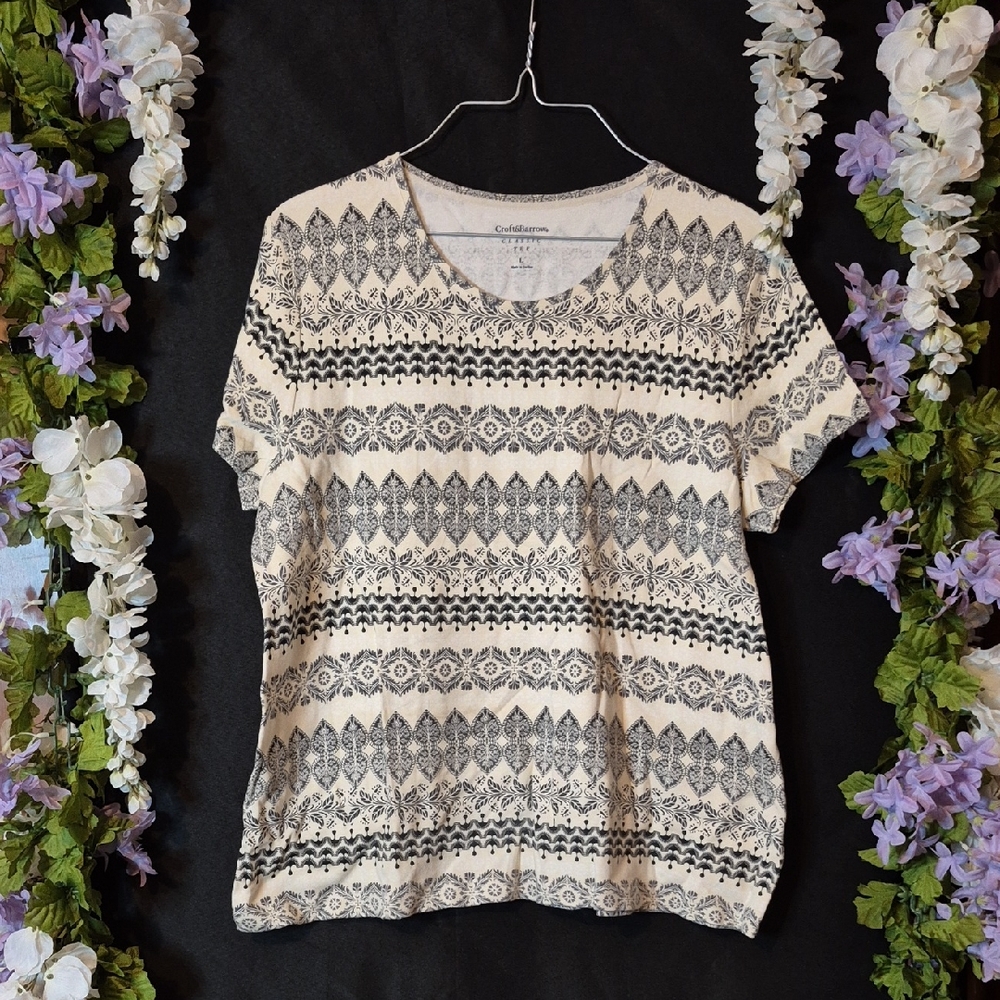 croft & barrow Cream and Black Patterned Short-Sleeve Tee
